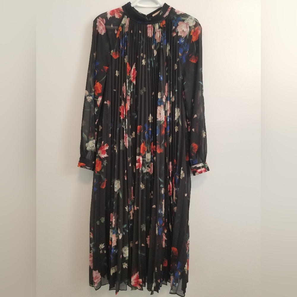 Ted Baker Black and Red Pleated Dress with Long Bishop Sleeves